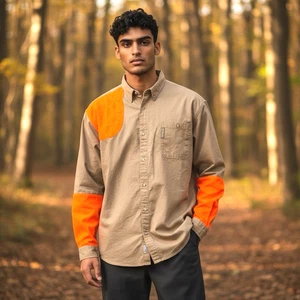 Columbia Shooting Hunting Khaki Bright Hi-Vis Orange Button Down Shirt Men's XXL - Picture 1 of 11