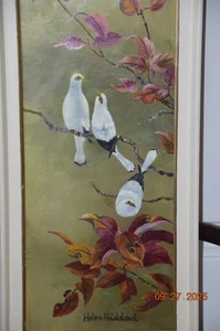 Vögel weiße Tauben Gemälde von Helen Haddad (1941-2020) 18"x 8" auf Masonit - Bild 1 von 5