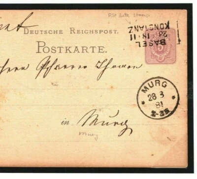 GERMANY Card SWISS RAILWAY MAIL *Basel-Konstanz* RR Postmark TPO 1881 MC121 - Image 1 of 4