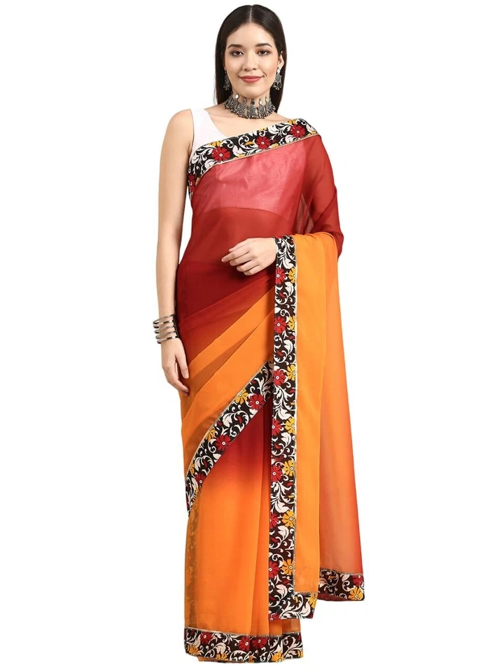 Blusa para mujer Georgette lisa con sari de encaje con pieza sin costuras Foto 1 de 1