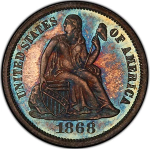 Liberty Seated Dime 1868 PCGS Proof-66 CAC! Superb Gem Coin! Amazing Old Toning! - Picture 1 of 6