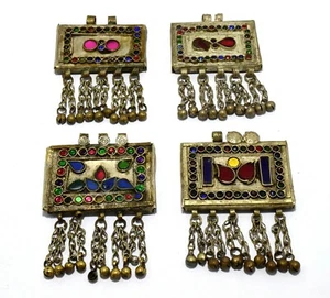 4 colgantes cuadrados tribales afganos Kuchi joyas suministros étnicos antiguos - Imagen 1 de 2