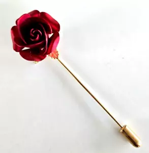 Spilla bastone vintage 3D alluminio rosso fiori e foglie tono oro 3,25" - Foto 1 di 6
