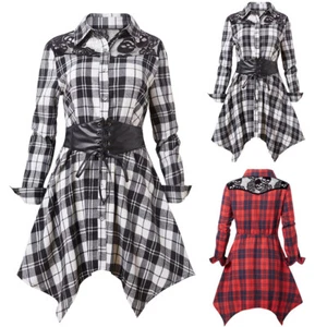 Women Check Plaid Shirt Dress Ladies Long Sleeve Tunic Swing Blouse Pullover Top - Picture 1 of 15