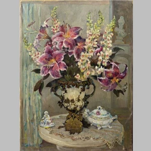 Antigua PINTURA/ramo a mano al óleo en florero antiguo y porcelana/lienzo ucraniano FIRMADO - Imagen 1 de 4