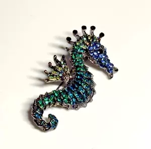 Brooch Seahorse Silver Metal Multicolour Rhinestone Cubic Zirconia Crystal Glass - Picture 1 of 10