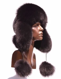 Premium Saga Furs Genuine Real Fox Fur Genuine Leather Fancy Winter Trapper Hat - Picture 1 of 17