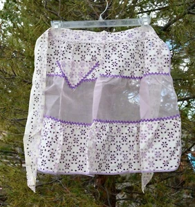 VTG Lavender Eyelet Fabric Apron w Sheer Panel Purple Ric Rac Triangle Pocket - Picture 1 of 11