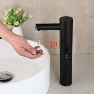 Grifo de baño negro sensor automático manos libres sin contacto grifo mezclador de montaje en cubierta - Imagen 1 de 12