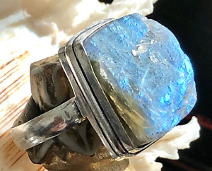 Large 3/4" Blue Raw Labradorite Gemstone Ring Unisex .925 Sterling Silver Size 8