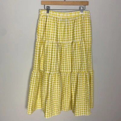 Falda midi a cuadros de guinga azul marino antigua para mujer grande Seersucker Cottagecore en capas Foto 1 de 4