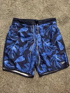 Men’s Speedo Swim Shorts Trunks Size Large Swimsuit Pocket Blue Floral Hawaiian - Picture 1 of 7