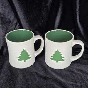 Set Of 2 STARBUCKS 2008 Ceramic Coffee Mug Cup WHITE, Green Xmas tree 12oz  - Picture 1 of 6