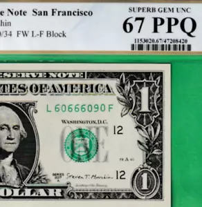 $1 Federal Reserve note FLIPPER 60666090 FANCY Serial Numbers PCGS 67 - Picture 1 of 3
