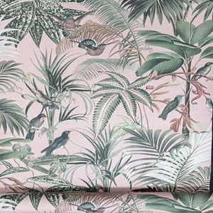 Tropical Rain Forest Birds Jungle Palm Blush Pink Wallpaper Jungle Leaf - Picture 1 of 9