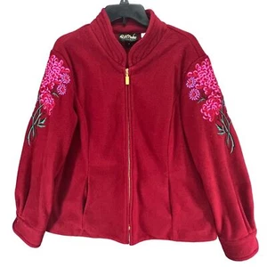 Bob Mackie Jacket Women L Red Fleece Floral Embroider Wearable Art Full Zip Coat - Picture 1 of 16