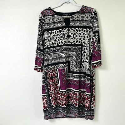 Tiana B Dress Womens Size M Black Pink Geometric Print Sheath 3/4 Sleeve - Image 1 of 4
