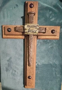 GORGEOUS AMAZING GRACE CROSSED NAILS ON LARGE STAINED WOOD CROSS! CRUCIFIX - Picture 1 of 8