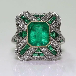 5.8Ct Art Deco Style Green Lab Created Emerald 14K White Gold FN Engagement Ring - Picture 1 of 18