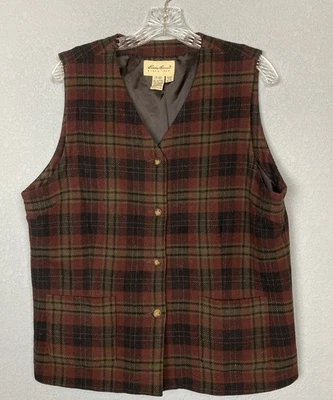 Eddie Bauer Wool Vest Womens XL Brown Black Plaid Button Lined Classic Prep - Image 1 of 4