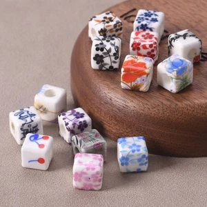 10pcs 10mm Cube Flower Painted Ceramic Porcelain Loose Beads For Jewelry Making - Picture 1 of 27