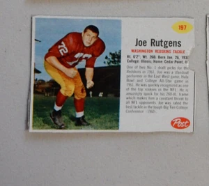 1962 Post Football Trading Card # 197 - Joe Rutgens - Washington Redskins - Picture 1 of 2