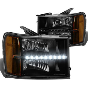 [LED DRL] Fit 2007-2014 GMC Sierra Black Housing Amber Side Headlight/Lamp Set