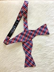 Silk Bowtie Classic Red Blue White Plaid Pattern Untied Adjustable 14.5-20” - Picture 1 of 5