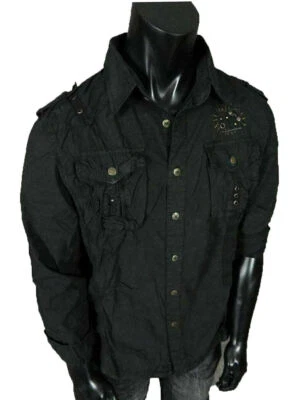 Mens Safari Button Shirt Pleated Pockets Studded Accents with Pin-Up Sleeves - Image 1 of 4