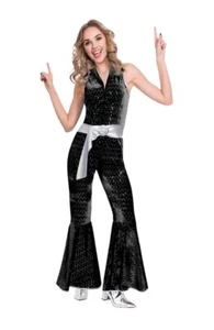 Damen Disco Diva Overall 70er Jahre Pailletten Design Kostüm Erwachsene 80s  - Bild 1 von 1