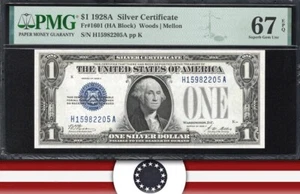 1928-A $1 SILVER CERTIFICATE "FUNNY BACK" PMG 67 EPQ Fr 1601 82205. - Picture 1 of 3