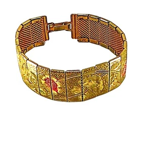 Vintage Asian Motif Cloisonné Link Bracelet Floral Scene Gold Tone 7" Enamel Pan - Picture 1 of 8