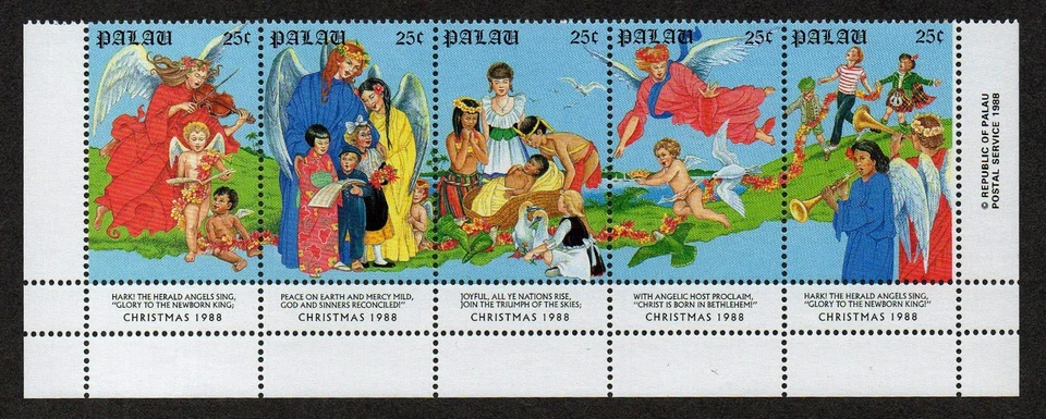 PALAU, SCOTT # 198-202 (202A), MNH CON PARTE INFERIOR - NAVIDAD 1988 ÁNGELES CANTAN Foto 1 de 1