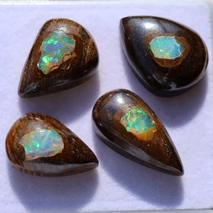 Lotto 4 pezzi pietre preziose cabochon pera opale masso naturale 23-28 mm intrappolati con fulmini ~ - Foto 1 di 12