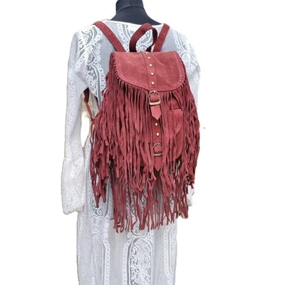 Western TASSEL LEATHER BACKPACK, Boho Festival Rucksack, Large Fringe Bag - Image 1 of 4