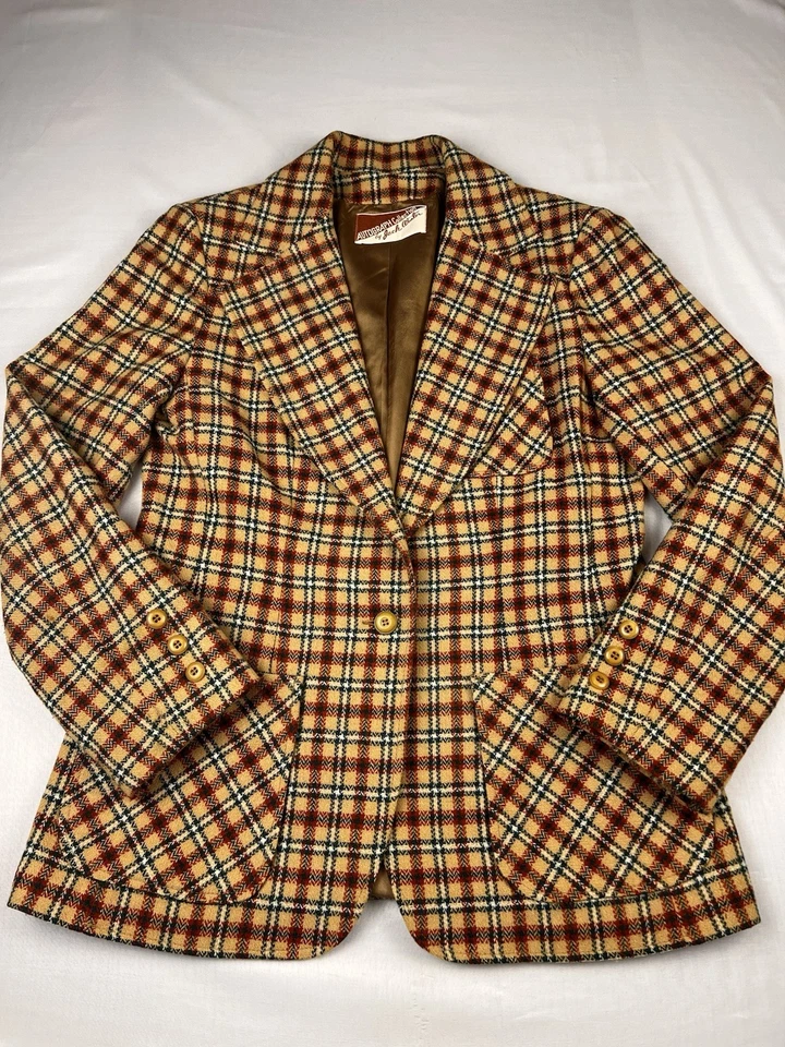 Винтажный Jack зимний блейзер куртка шерсти желтовато-коричневый красный клетку Smart повседневный женщин Smal - Изображение 1 из 4