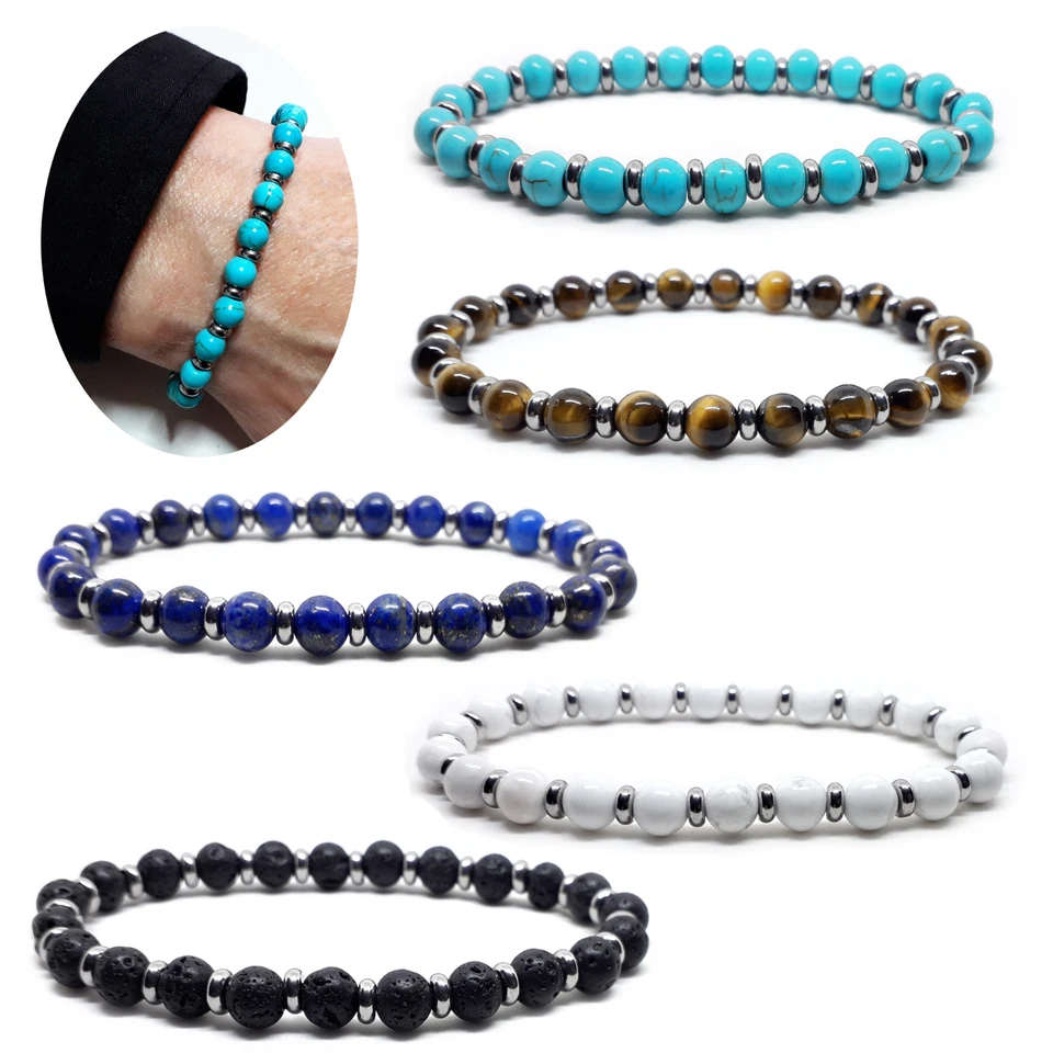 Bracciale da uomo in acciaio e con pietre dure naturali braccialetto sfere perle - Immagine 1 di 1