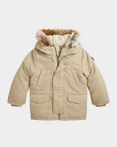 Polo Ralph Lauren Artificial-fur-Trim Down Parka Jacket Boys' 5 Khaki Zip Snap - Picture 1 of 18