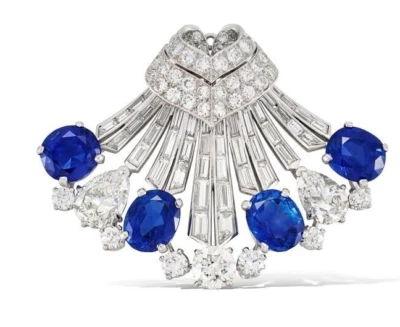 5 CT Diamond 8 CT Lab Sapphire 925 Sterling Silver Brooch - Image 1 of 3