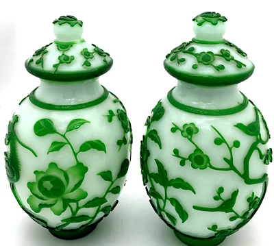 Antique CHINESE PEKING GLASS Ginger Jars with Carved Emerald Green Overlay - Image 1 of 4
