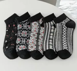 Women's Socks 5 Pairs Low Cut Ankle Sock 3D Jacquard Floral Black Lightweight - Picture 1 of 9