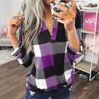 Women's V-Neck Long Sleeve Plaid T-Shirt Ladies Casual Loose Blouse Tops Tee US