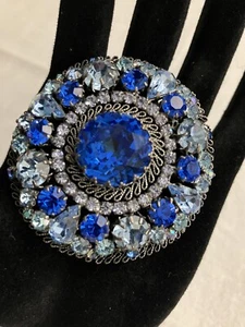 Stunning  Antique Austrian Blue Crystal Brooch Large Dome Intricate Victorian - Picture 1 of 19