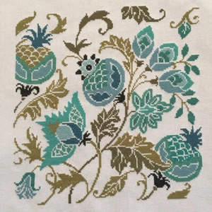 Turquoise Fantasy Flowers Completed Cross Stitch on 28 Ct White Evenweave - BIG - Picture 1 of 3