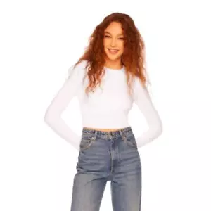 Top corto Susana Monaco blanco manga larga cuello redondo nuevo con etiquetas talla pequeña - Imagen 1 de 7