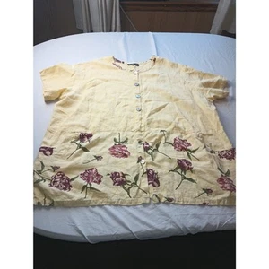 Blusa Fenini 100 % lino amarillo rosa floral con botones para mujer talla 4X - Imagen 1 de 7
