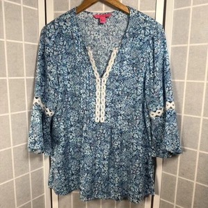 Lilly Pulitzer Damen Medium Tunika Top Blau Blumen Häkel Boho Preppy Resort - Bild 1 von 9
