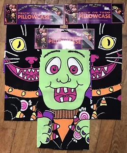 VTG 90s GLOW IN THE DARK TRICK TREAT PILLOWCASE LOT FRANKENSTEIN CAT HALLOWEEN - Picture 1 of 7