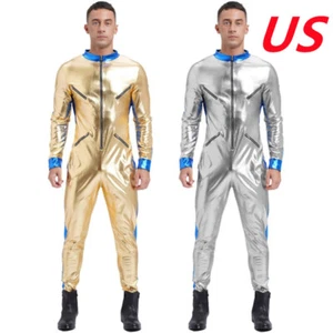 Men's Shiny Metallic Space Man Jumpsuit Contrast Color Front Zipper Unitards - Picture 1 of 33