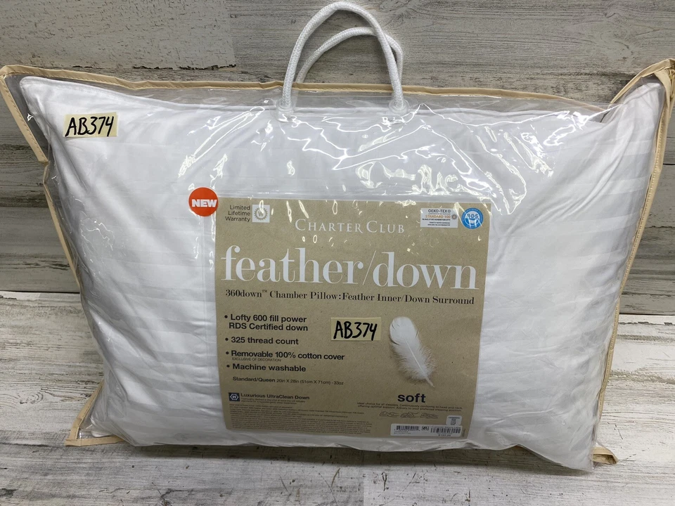 Charter Club 360 Chamber Feather Down (1) Standard Pillow Soft Density New - Image 1 of 4